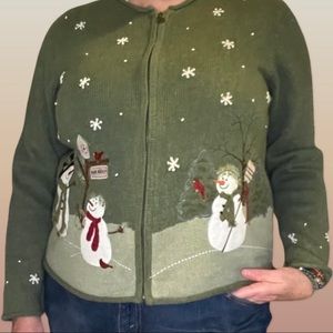 Croft & Barrow Sage Green Snowman Christmas zip up cardigan sweater sz large